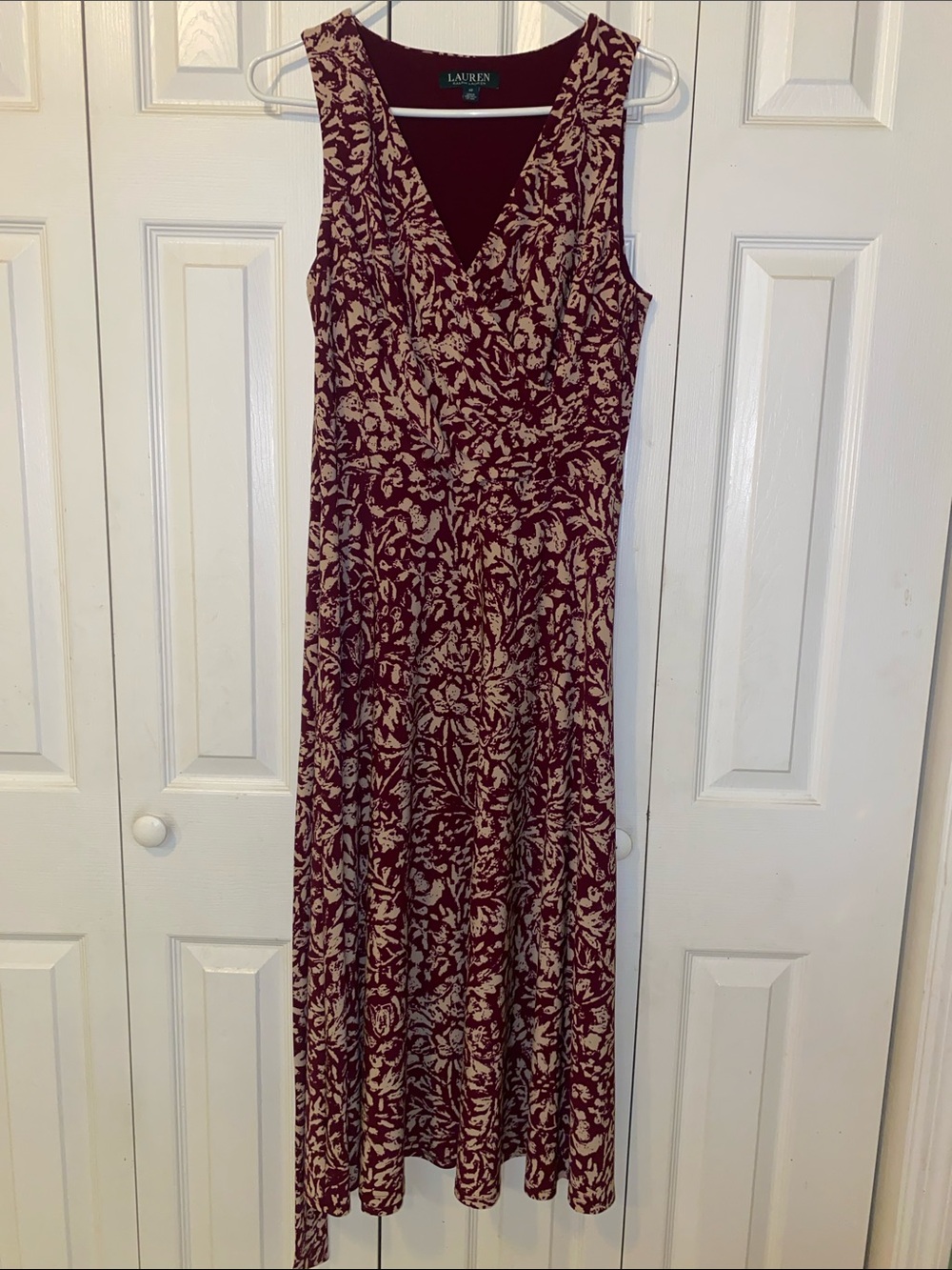 Lauren Ralph Lauren Maroon and Tan Abstract Botanical Print Dress